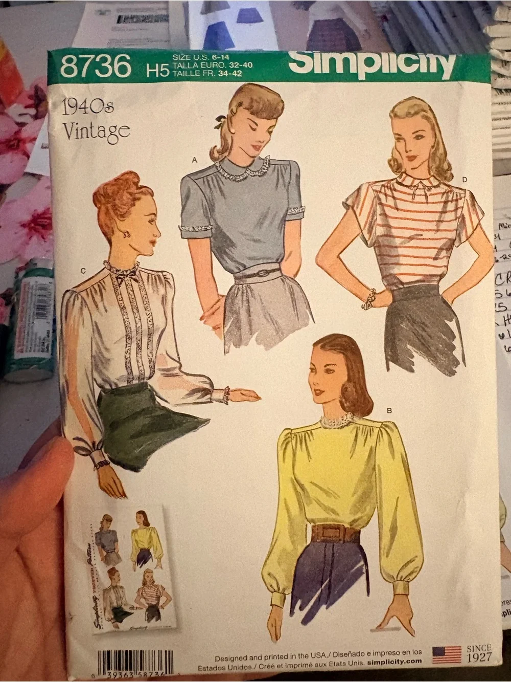 BN UNCUT SIMPLICITY 8736 H5 BLOUSES 1940's VINTAGE SEWING PATTERNS
